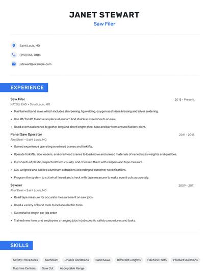 Saw Filer Resume