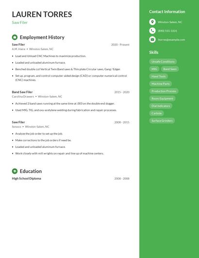 Saw Filer Resume