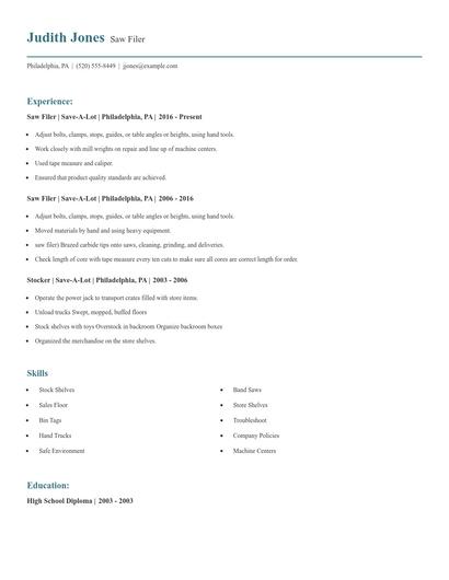 Saw Filer Resume