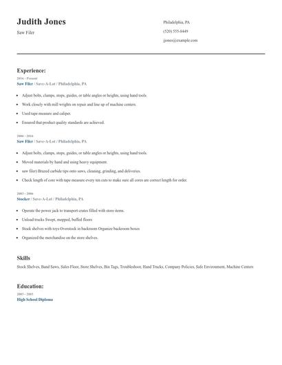 Saw Filer Resume