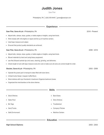 Saw Filer Resume