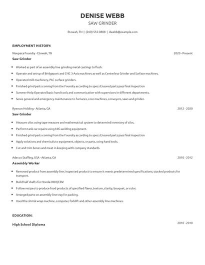 Saw Grinder Resume