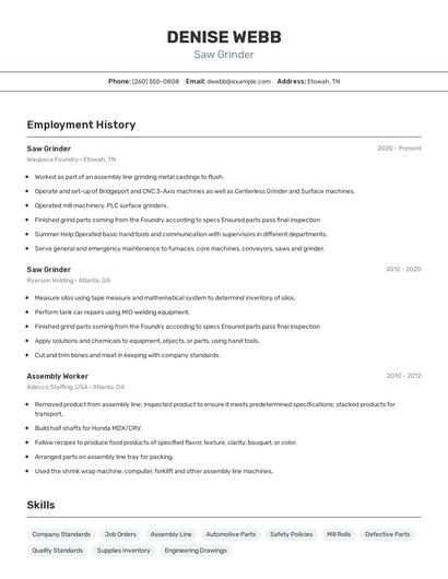 Saw Grinder Resume