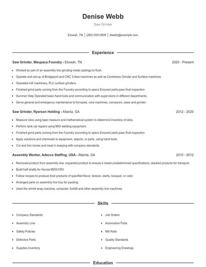 Saw Grinder Resume