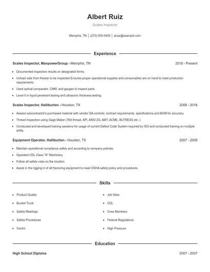 Scales Inspector Resume