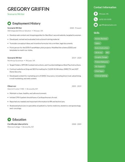 Scenario Writer Resume