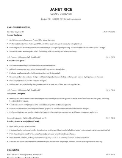 Scenic Designer Resume