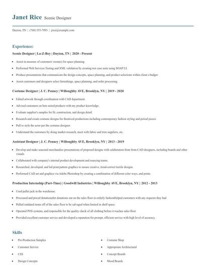 Scenic Designer Resume