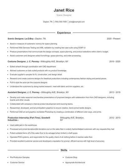 Scenic Designer Resume