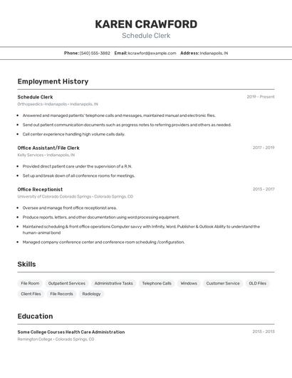 Schedule Clerk Resume