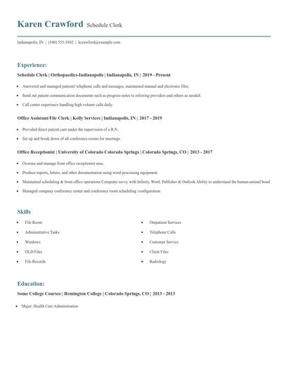 Schedule Clerk Resume