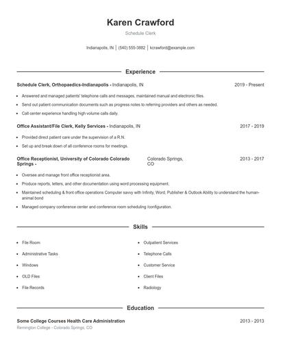 Schedule Clerk Resume