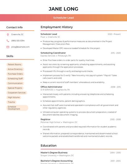 Scheduler Lead Resume