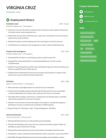 Scheduler Lead Resume