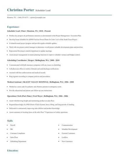 Scheduler Lead Resume