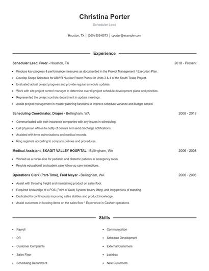 Scheduler Lead Resume