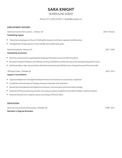Scheduling Agent Resume