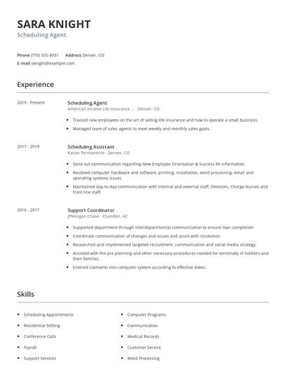 Scheduling Agent Resume