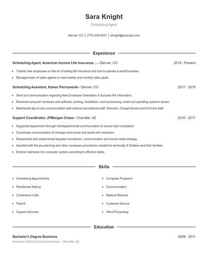 Scheduling Agent Resume