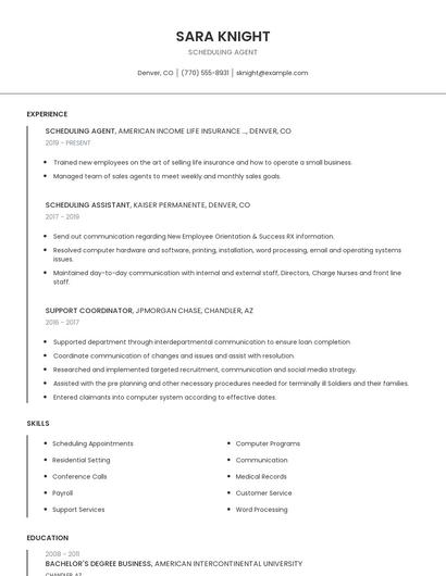 Scheduling Agent Resume
