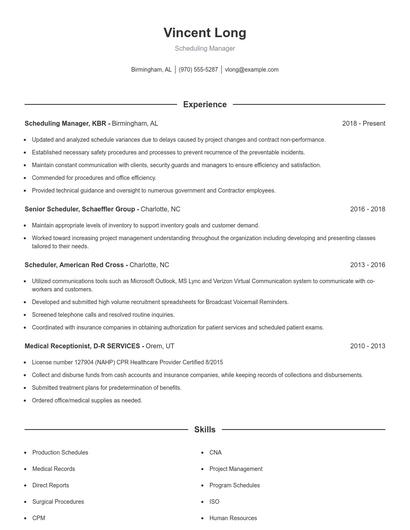Scheduling Manager Resume