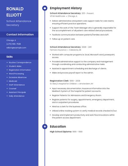 School Attendance Secretary Resume