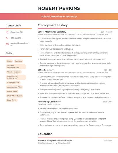 School Attendance Secretary Resume