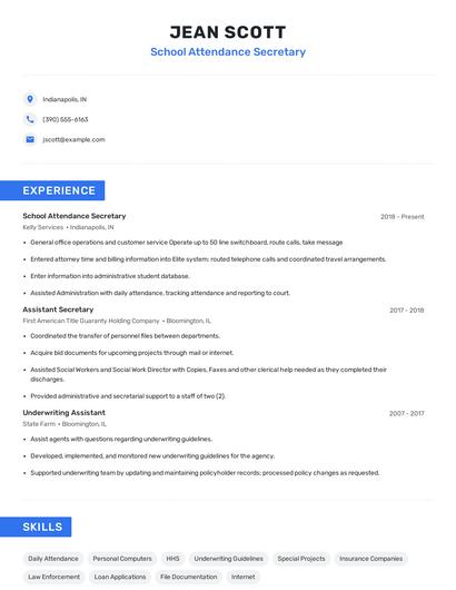 School Attendance Secretary Resume