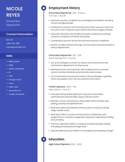 School Bus Dispatcher Resume