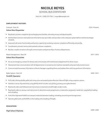 School Bus Dispatcher Resume