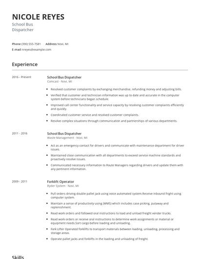 School Bus Dispatcher Resume
