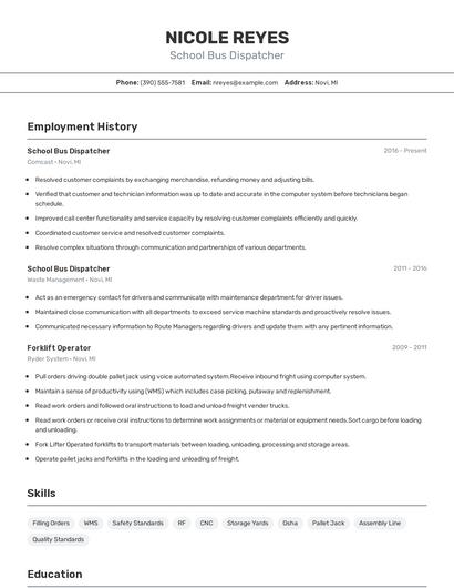 School Bus Dispatcher Resume