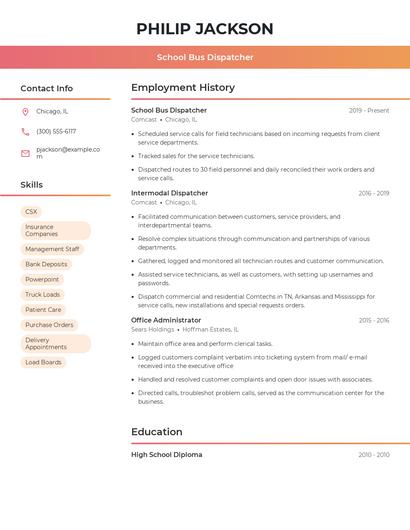 School Bus Dispatcher Resume