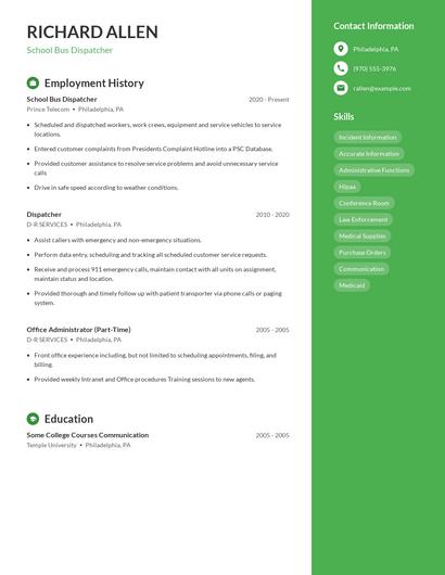 School Bus Dispatcher Resume