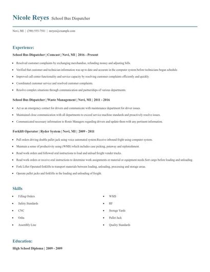 School Bus Dispatcher Resume