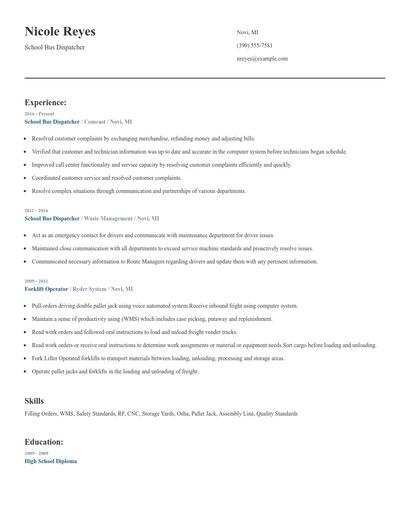 School Bus Dispatcher Resume