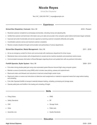 School Bus Dispatcher Resume