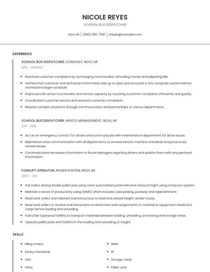 School Bus Dispatcher Resume