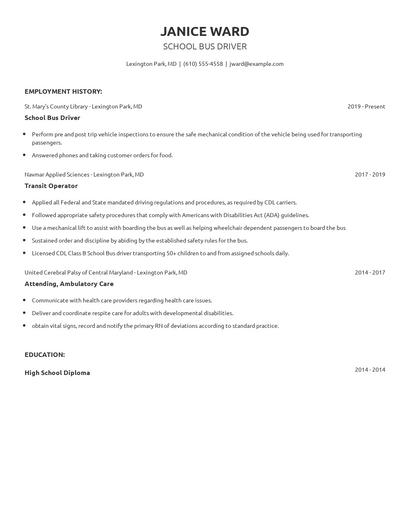School Bus Driver Resume