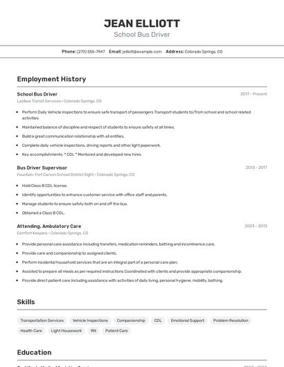 School Bus Driver Resume