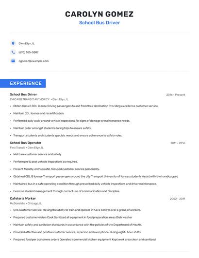 School Bus Driver Resume