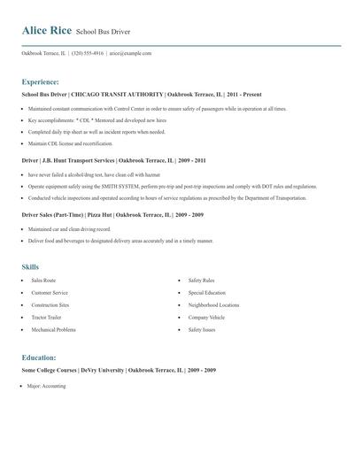 School Bus Driver Resume
