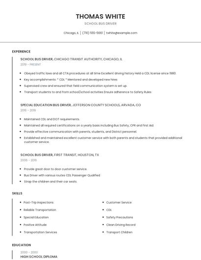 School Bus Driver Resume