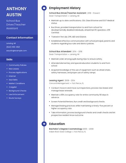 School Bus Driver/Teacher Assistant Resume