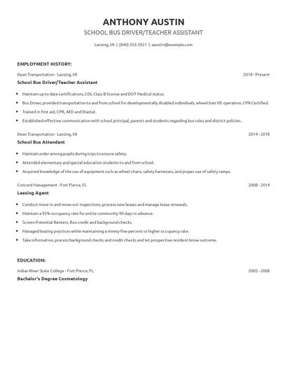 School Bus Driver/Teacher Assistant Resume