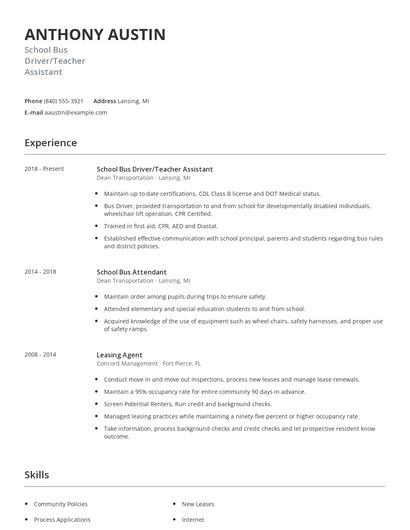 School Bus Driver/Teacher Assistant Resume