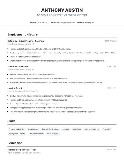 School Bus Driver/Teacher Assistant Resume