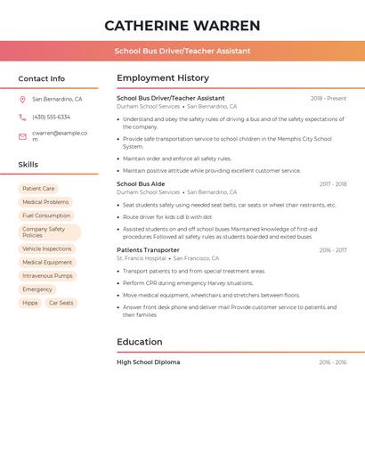 School Bus Driver/Teacher Assistant Resume