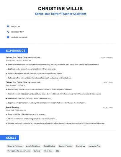 School Bus Driver/Teacher Assistant Resume