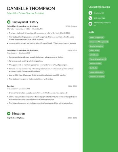 School Bus Driver/Teacher Assistant Resume